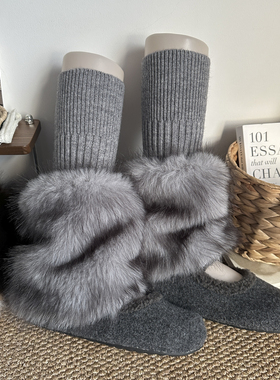 灰色仿皮草秋冬堆堆袜套女可爱毛毛绒保暖腿套辣妹针织中筒袜子潮