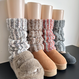 秋冬保暖加厚翻边堆堆袜套女复古拼色条纹羊毛袜子女外穿显瘦腿套