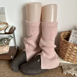 粉色羊毛袜套堆堆袜春夏显瘦小腿袜开叉叠穿少女腿套加厚保暖秋冬