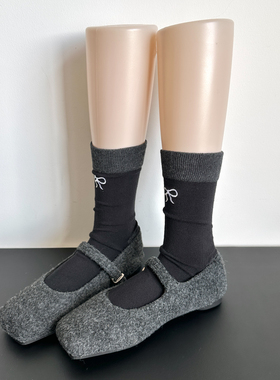 黑色百搭蝴蝶结miu系灰袜子女中长筒夏季薄款棉拼接堆堆袜芭蕾风