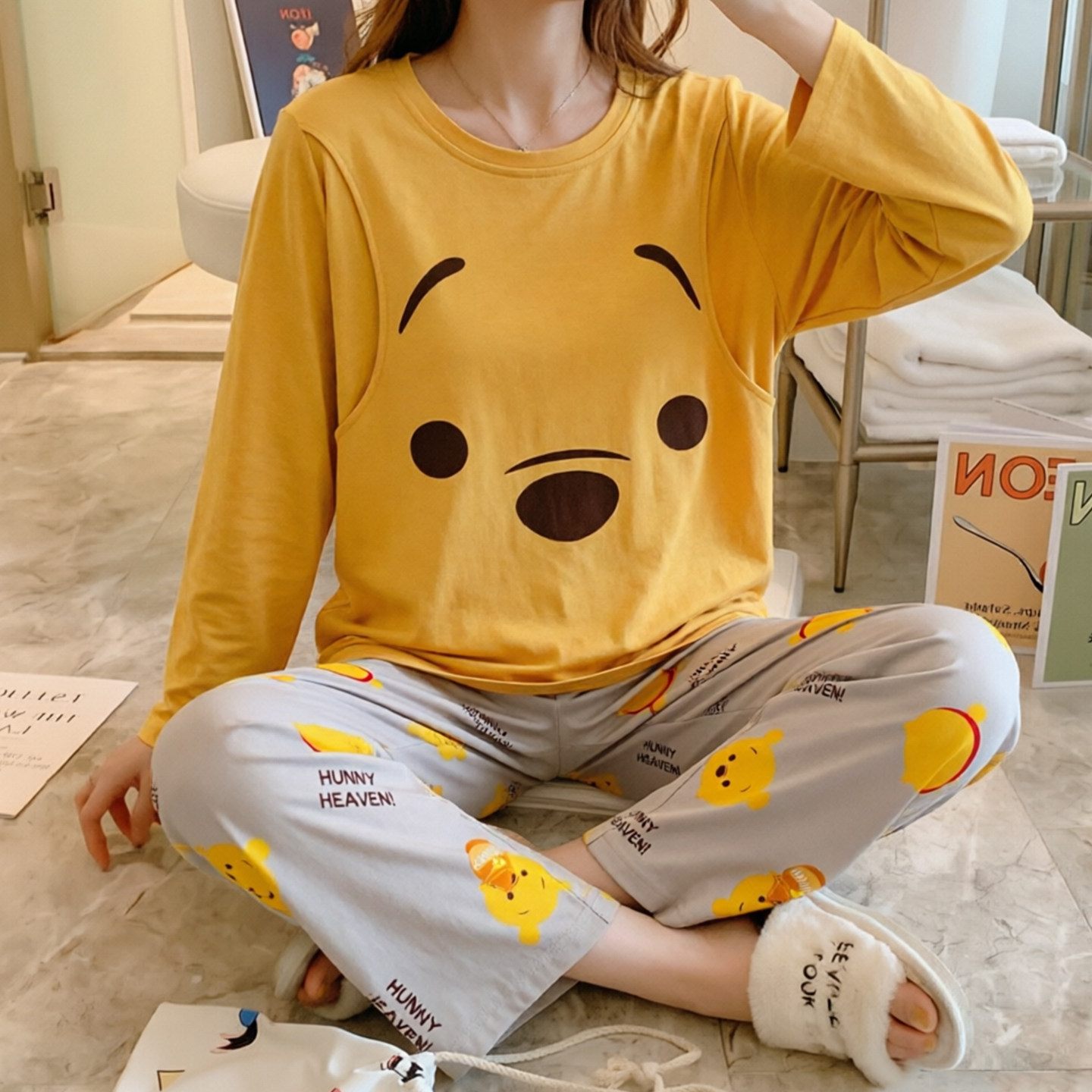 可爱小熊孕妇月子服春秋哺乳睡衣夏季薄款产后产妇圆点秋冬家居服