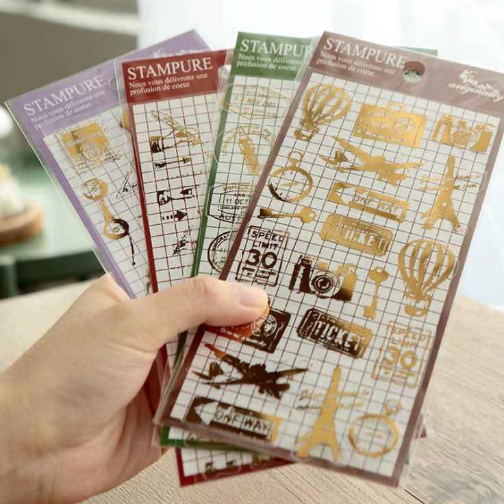烫金pvc手帐素材装饰bi备贴纸复古邮戳旅行手势