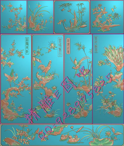 包邮高清设计素材木雕素材精雕图灰度图精品四季花顶箱柜全套图3