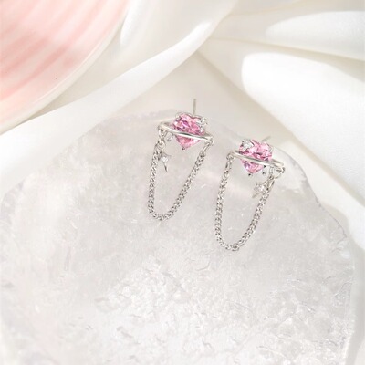 甜酷星球爱心链条流苏星芒耳钉