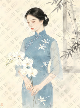 水墨旗袍美女贴画卧室宿舍浴室出租房墙面古风美人贴纸海报防水