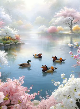 鸭鸭戏水湖边花海风景贴画客厅卧室出租房墙装饰贴纸海报防水自粘