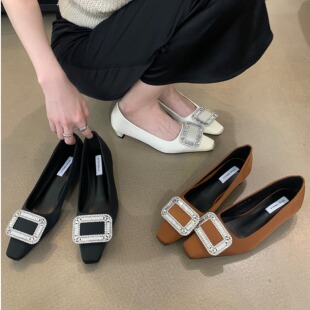 水钻浅口中跟鞋 百搭韩版 女 2025日常通勤粗跟新款 优雅绸缎方头单鞋