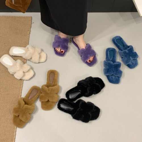 欧洲站毛毛拖鞋女外穿一字拖2025秋冬休闲加绒棉鞋保暖毛拖鞋