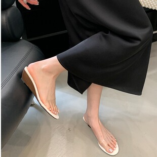 露趾女士凉拖鞋 法式 坡跟时尚 夏季 透明一字拖女2026年新款