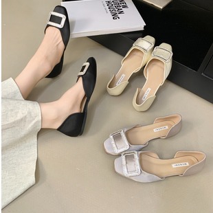 中空女凉鞋 绸缎单鞋 方形水钻扣高级感方头懒人平底浅口四季 法式