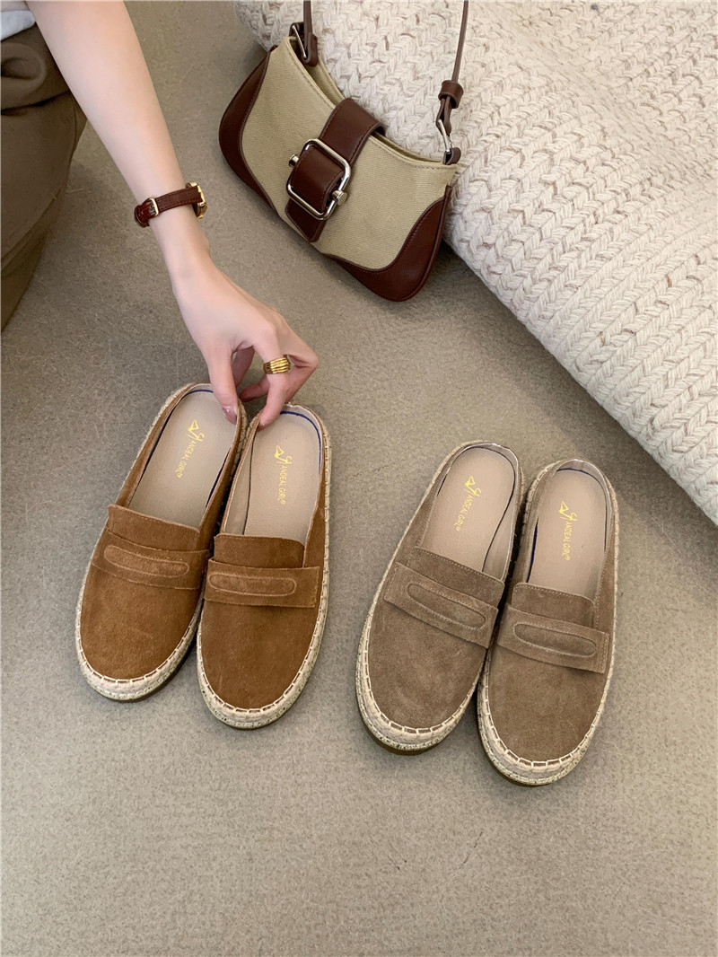 2025新款包头半拖鞋厚软底磨砂真皮渔夫女鞋简约外穿穆勒凉拖鞋