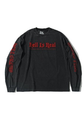H-D  HELL IS REAL 地獄组 限定 复古重磅小领口 植绒火焰长袖T恤