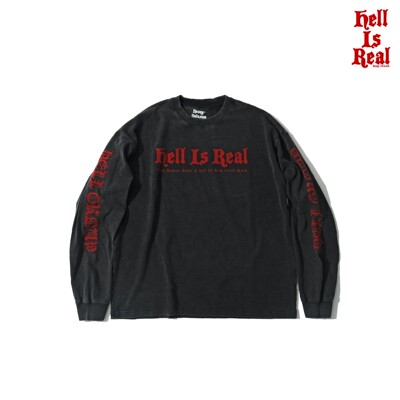 H-D  HELL IS REAL 地獄组 限定 复古重磅小领口 植绒火焰长袖T恤