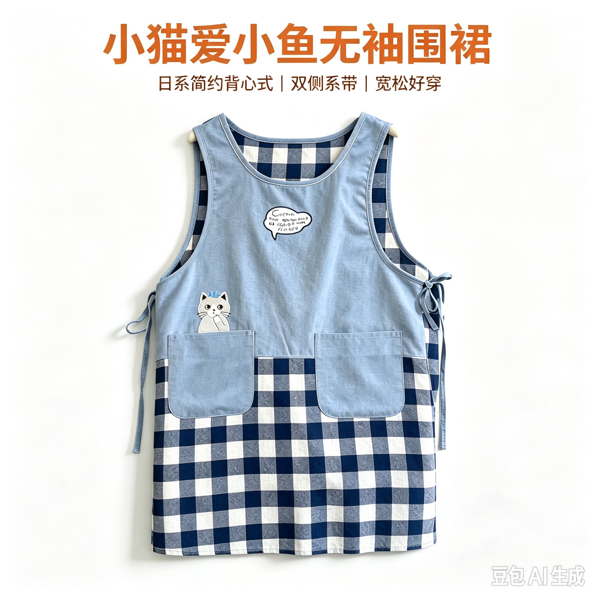 日系小猫爱小鱼无袖围裙涤棉透气轻薄背心式可调节做饭带同款袖套