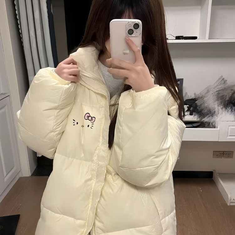 米白色立领羽绒棉服女秋冬加厚大童初中高中生2025新款棉袄外套潮