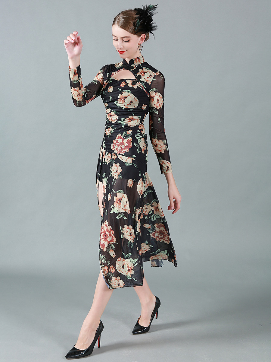 클래식 감성 긴팔 스탠드 칼라 신축성 있는 장미 프린트 스판덱스 댄스 공연 중국 스타일 7부 메쉬 치파오