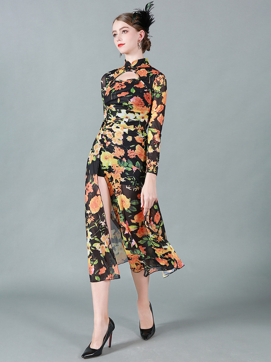 클래식 감성 긴팔 스탠드 칼라 신축성 있는 장미 프린트 스판덱스 댄스 공연 중국 스타일 7부 메쉬 치파오