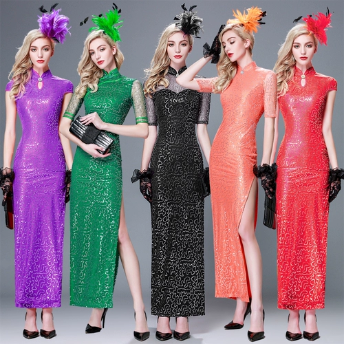 Эластичное кружевное длинное ципао в форме капли, вечернее платье