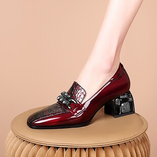 意大利原创真皮定制款の方头粗跟中跟典雅小皮鞋女英伦金属乐福鞋