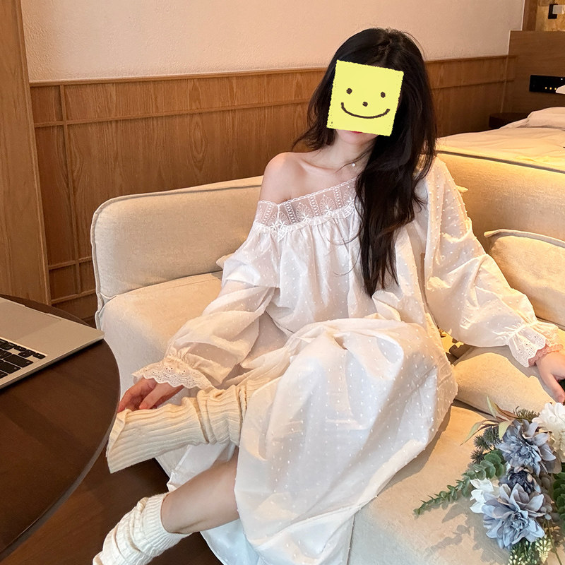 法式宫廷风一字领蕾丝睡裙女长袖露肩连衣裙甜美公主可外穿家居服