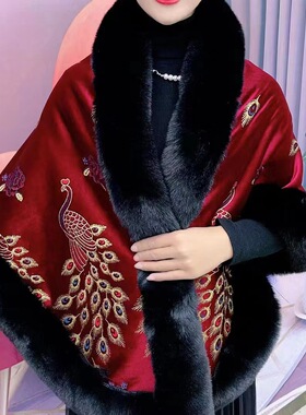 新款百搭加厚加绒披肩女秋冬保暖喜妈妈毛领贵妇婚礼旗袍披风斗篷