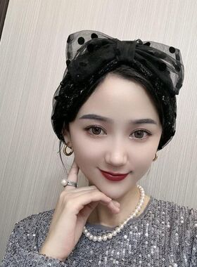 新款百搭波点网纱蝴蝶结双层休闲气质百搭回族修饰脸型女包头帽