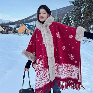2026新款旗袍披肩斗篷冬装保暖红色外搭气质高端加绒秋冬小个子女