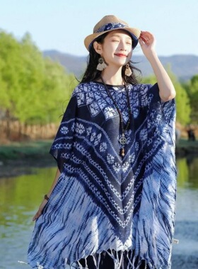 民族风文艺复古新涤棉扎染女上衣宽松旅游套头斗篷披肩遮阳旅游