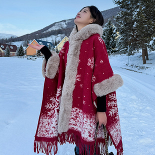 2026新款旗袍披肩斗篷冬装保暖红色外搭气质高端加绒秋冬小个子女