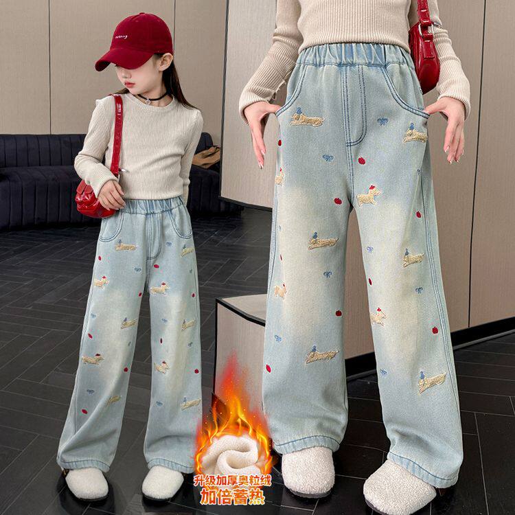 港风加绒厚刺绣直筒牛仔裤女童冬季2025新款美式显瘦窄版阔腿裤子,童装/婴儿装/亲子装,裤子,淘宝优惠券,粉丝福利购,淘宝优惠卷