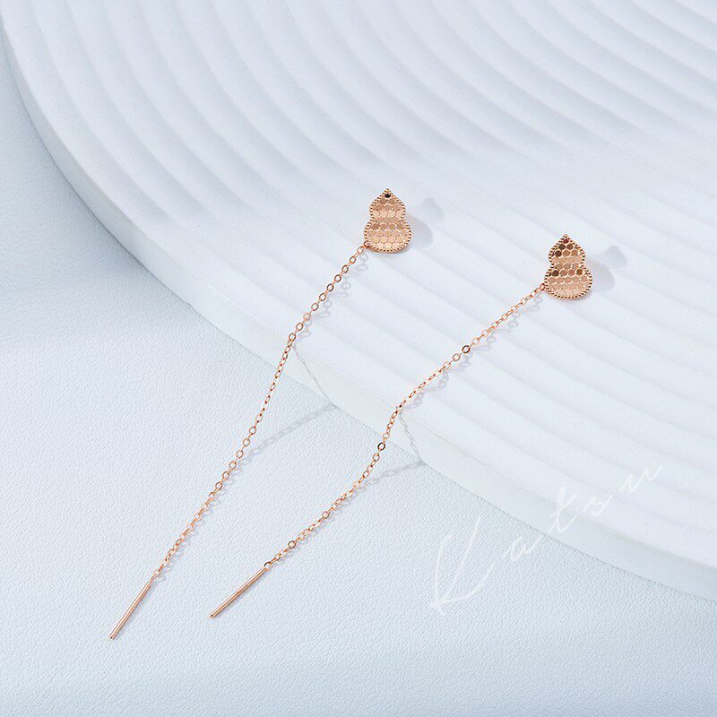 正品 18k玫瑰金耳钉线 k金耳线 龙麟款 爆闪 福禄耳钉葫芦