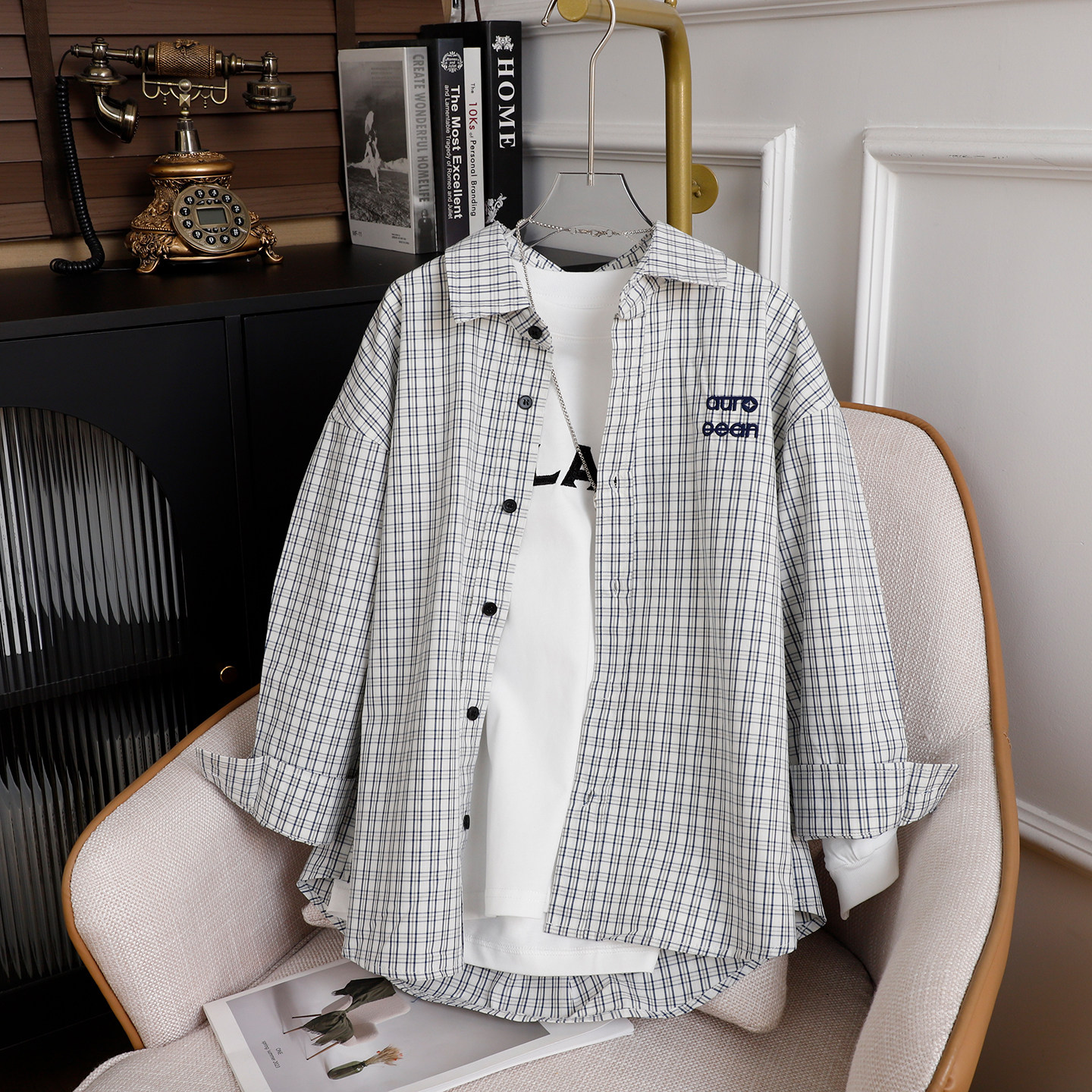 男童格子衬衫外套中大童春秋休闲长袖衬衣男孩衣服儿童上衣