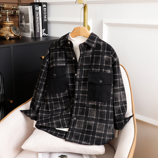 男童夹棉外套儿童撞色拼接牛仔格子棉衣中大童冬季保暖上衣潮