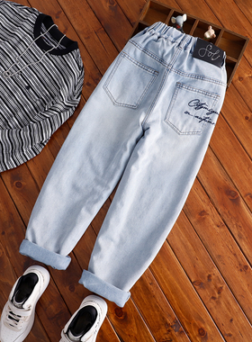男童牛仔裤中大童浅蓝色窄版老爹裤中大童微宽松不宽不瘦小脚裤