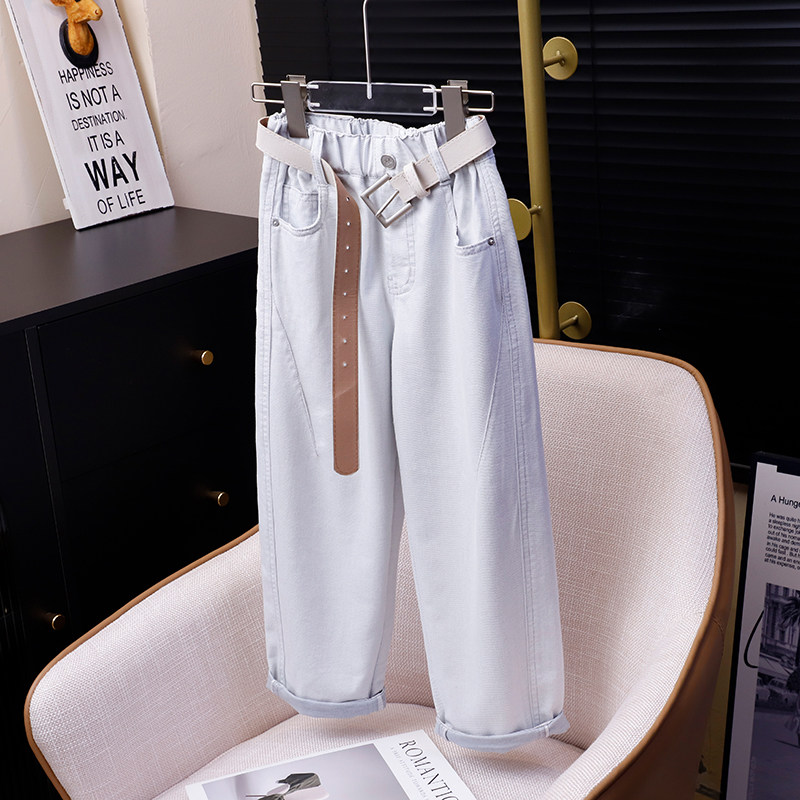 中大童白色牛仔小弯刀裤男女童春秋萝卜裤儿童宽松老爹裤阔腿裤