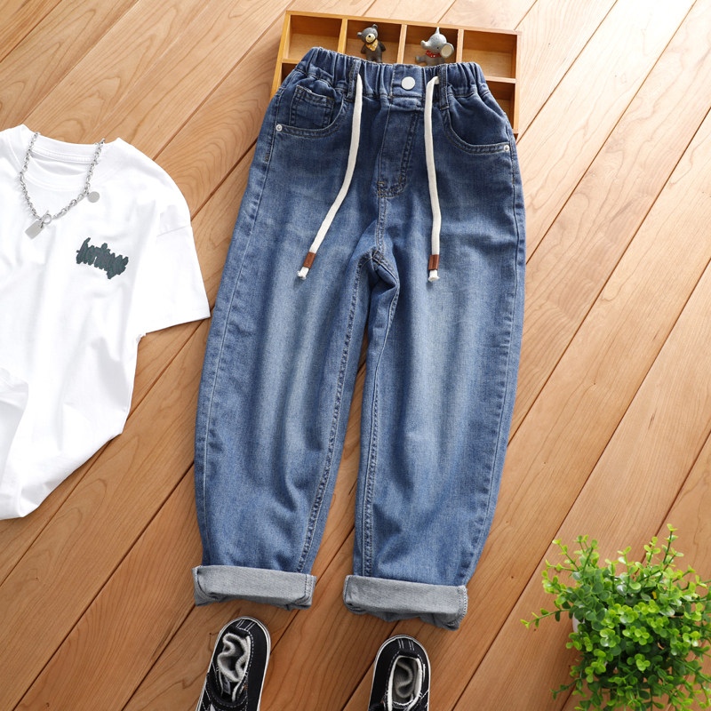 中大童夏季轻薄柔软牛仔裤男童女童九分裤防蚊裤宽松长裤蓝色裤子