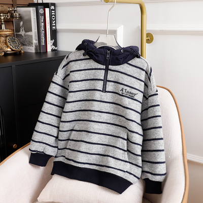 男童仿羊绒条纹加绒撞色连帽卫衣