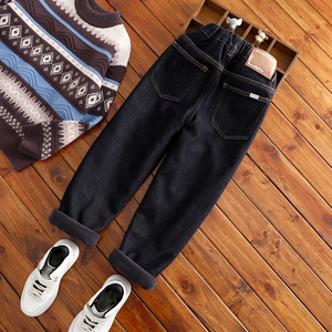 儿童加绒牛仔裤中大童秋冬裤子窄版小老爹裤男童不宽不瘦蓝黑长裤