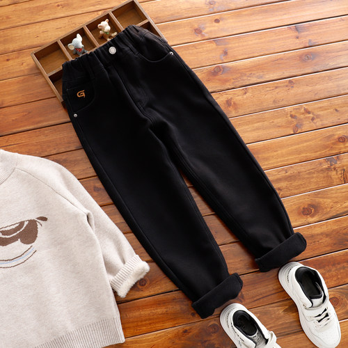 男童加绒牛仔裤儿童窄版老爹裤