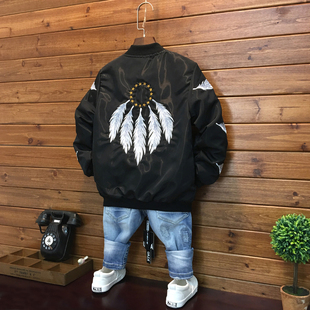 男童黑色外套夹克男孩春秋款儿童韩版中大童羽毛刺绣立领棒球服潮