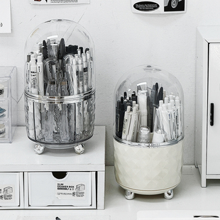 亚克力旋转笔筒高级感大容量带盖多功能透明桌面文具一体创意可爱