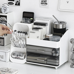 抽屉式桌面收纳盒大容量学生办公室桌上杂物文具置物架斜插式笔筒