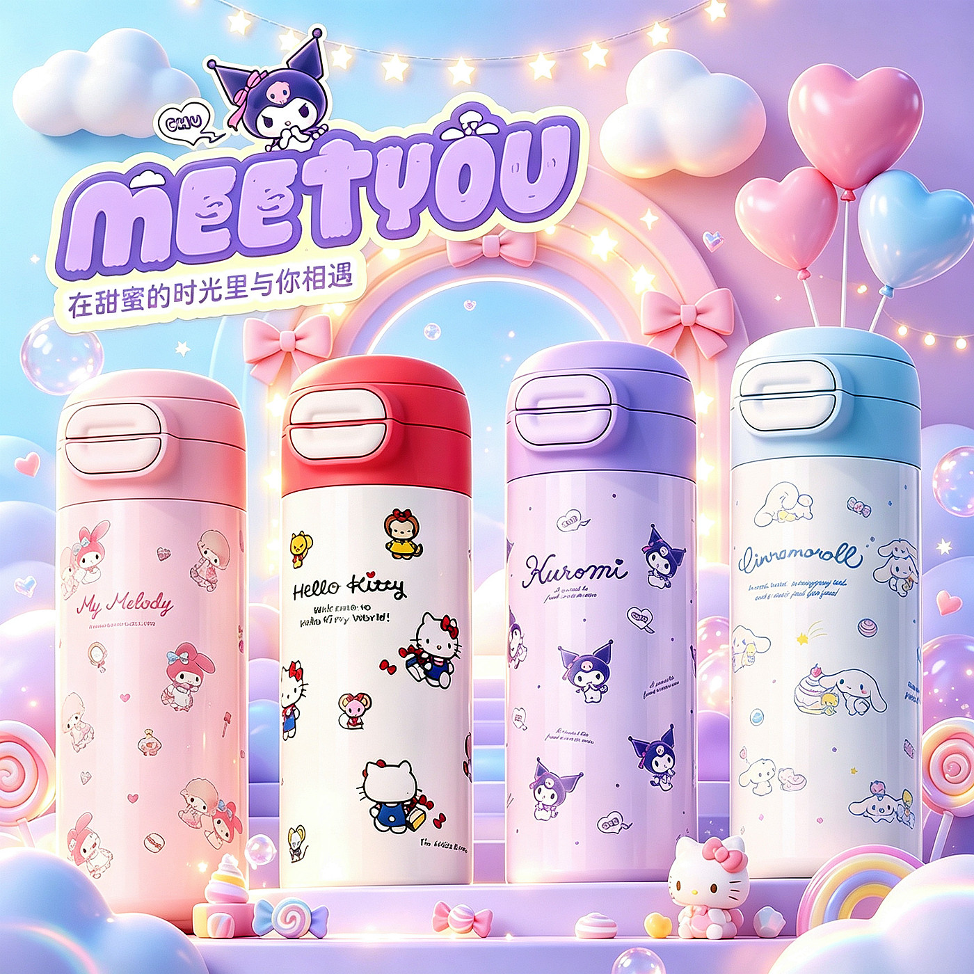 正版凯蒂猫学生吸管双饮保温水杯