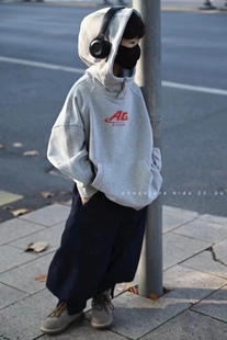 现货波拉bora韩国童装男童中大童初中生冬装字母加绒亲子连帽卫衣