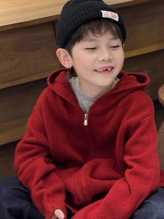 2025冬装波拉童装中大童亲子冬红色过年含羊毛双拉链连帽毛衣开衫