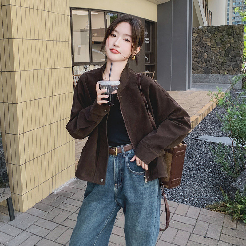 美拉德麂皮绒短外套女秋季2024新款韩系气质休闲复古立领潮酷夹克,女装短外套,2C077