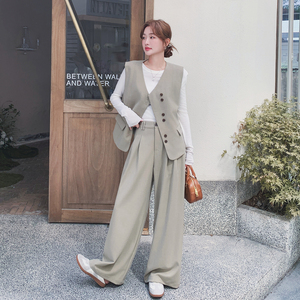 老钱风穿搭西装马甲阔腿裤三件套女秋季2025新款打底高级感一整套图片