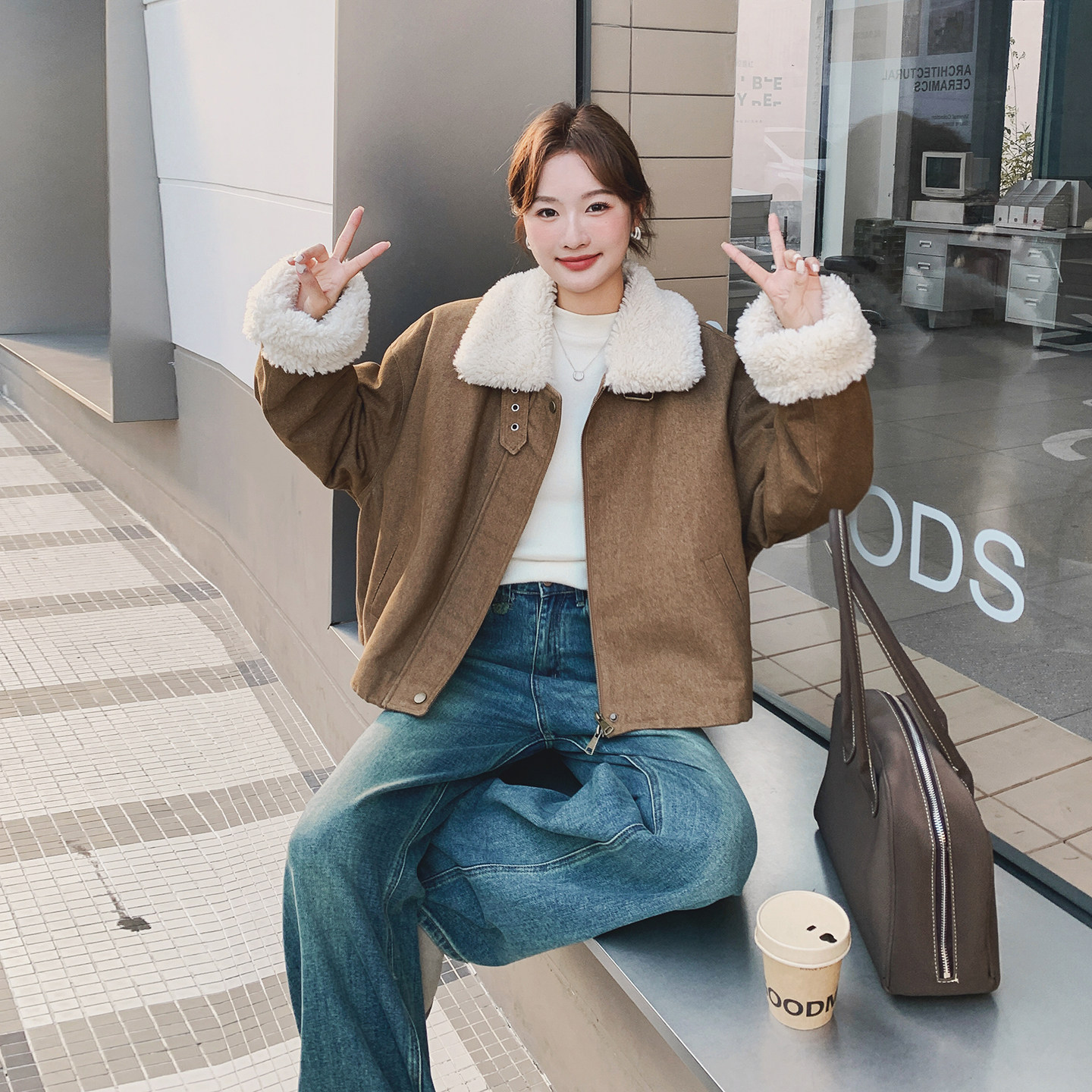 美拉德棕羽绒服内胆麂皮绒外套女冬2025新款爆款小个子羊羔毛夹克,女装羽绒服,2C077