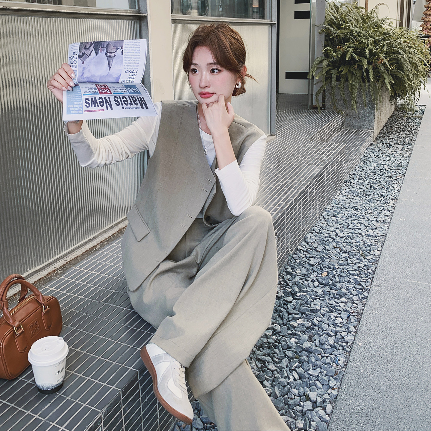 老钱风穿搭西装马甲阔腿裤三件套女秋季2025新款打底高级感一整套,女装套装/套裙,2C077