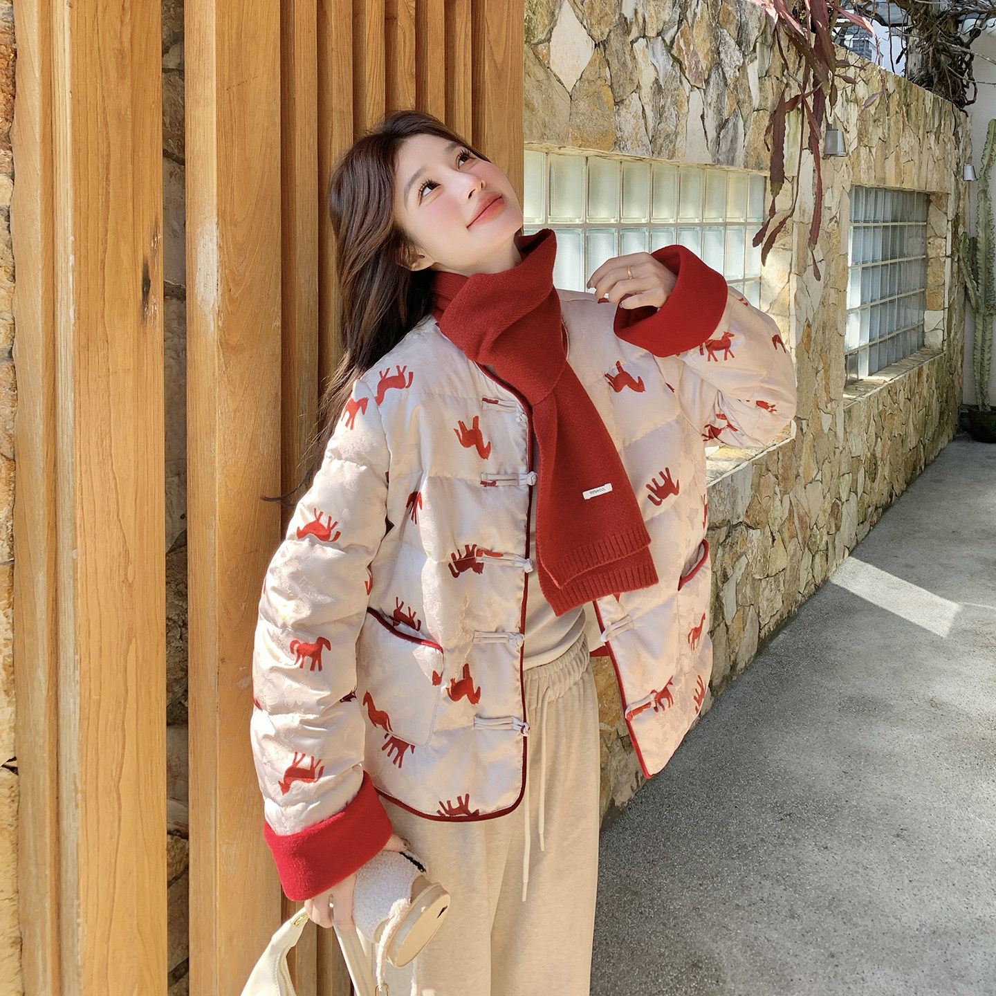 新中式国风印花本命年马到成功羽绒服女冬2025新款加厚面包服外套图片